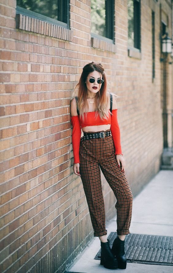 Up Against The Wall. - LE HAPPY : LE HAPPY. Orange cold shoulder cropped top+checkered high-waist pants+black platform booties+black belt+sunglasses+gold choker. Spring Casual Outfit 2017